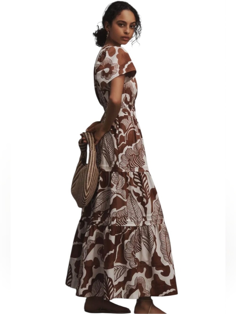 Anthropologie Brown & White Somerset Shortsleeve Leaf Print Maxidress w Pockets